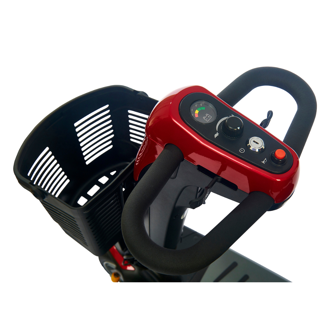 Golden Tech Buzzaround LX - Luxury 3 Wheel Portable Mobility Scooter - Red steering panel and storage basket