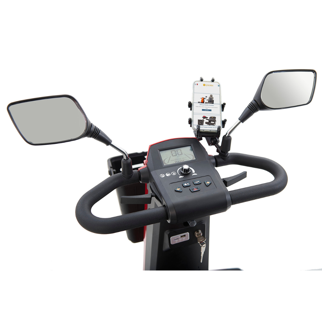 Golden Technologies Heavy Duty Golden Eagle Mobility Scooter - Steering Panel with phone attached to phone holder