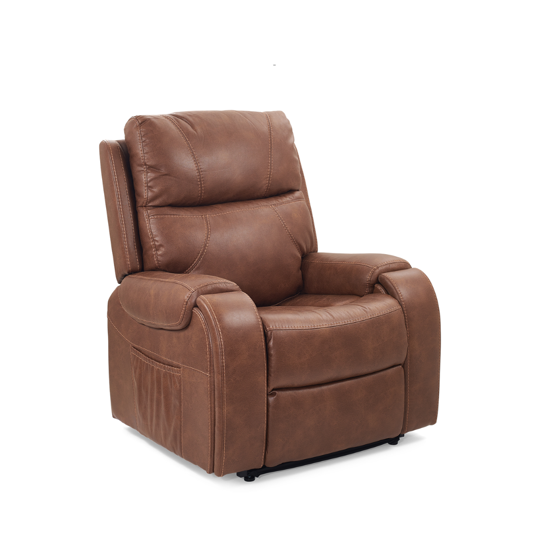 Golden Technologies Titan Luxury Reclining Power Lift Chair - Built in Table - Maple in seated position front right