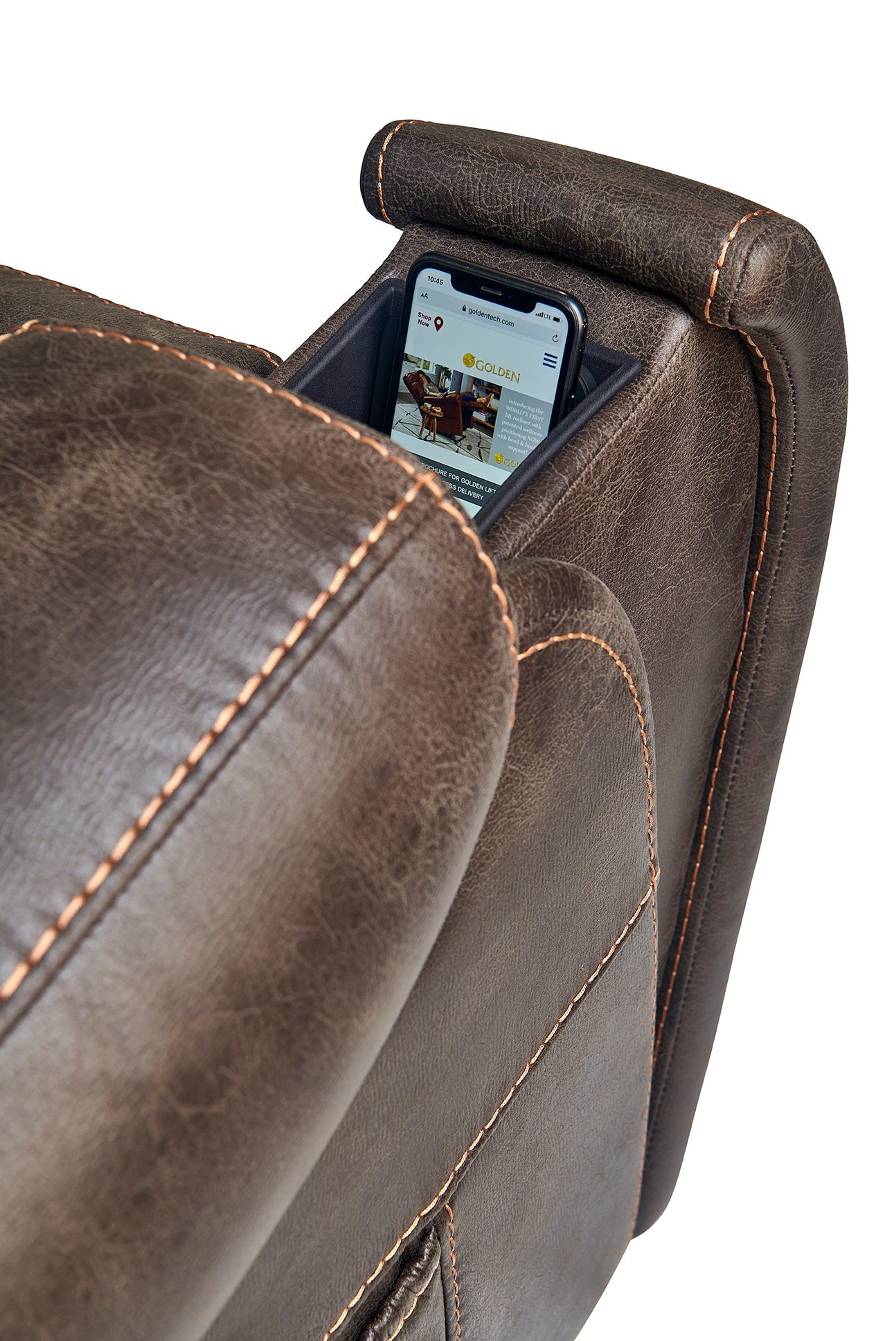 Golden Technologies Titan Luxury Reclining Power Lift Chair - Built in Table - wireless charger being used