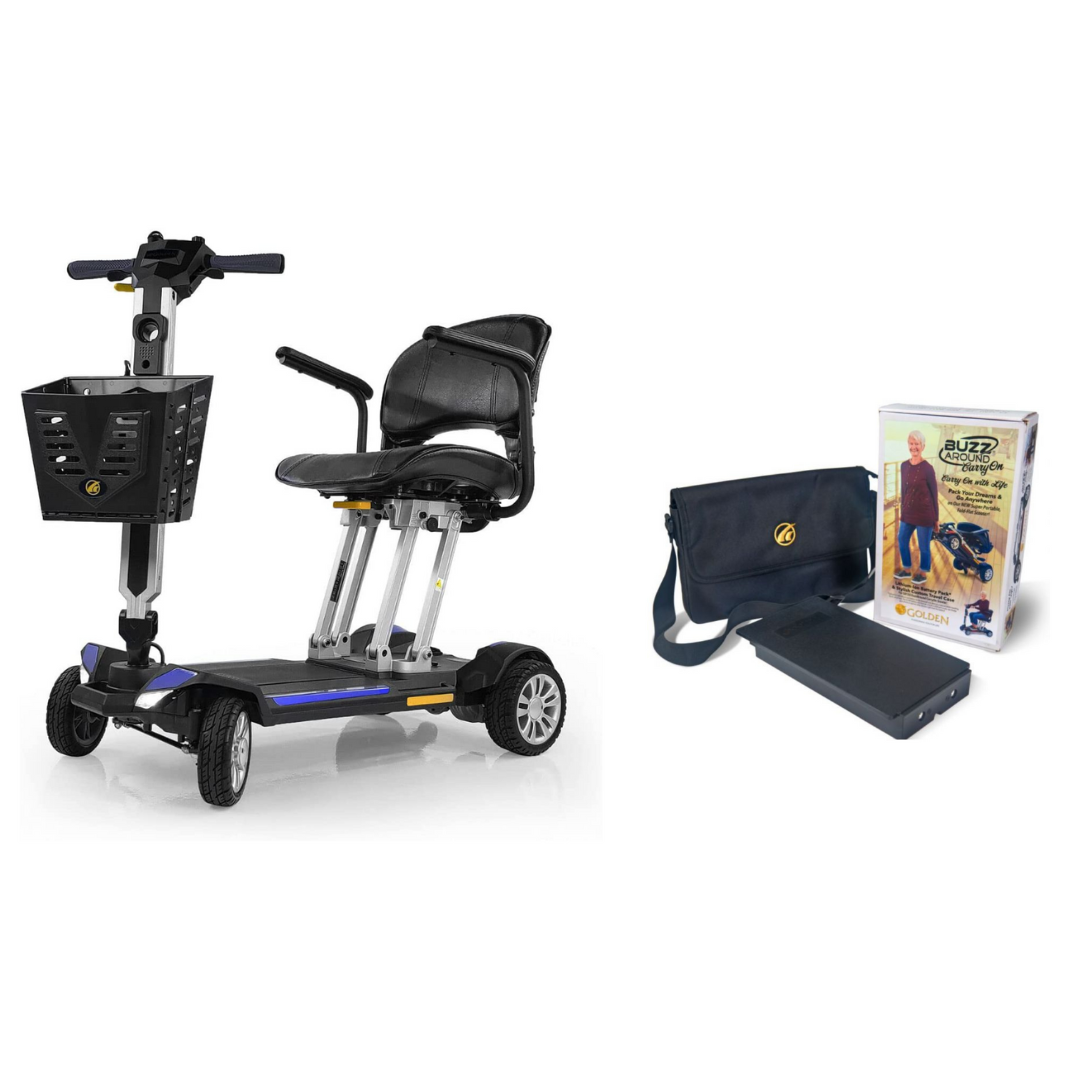 Golden Tech Buzzaround Carry-On Folding Travel Scooter with Travel Battery - Blue