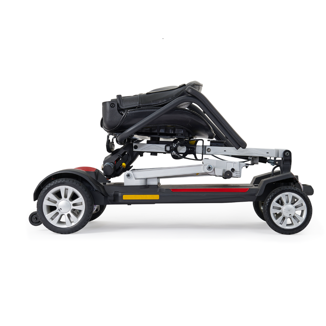 Golden Tech Buzzaround Carry-On Folding Travel Scooter with Travel Battery - Red folded