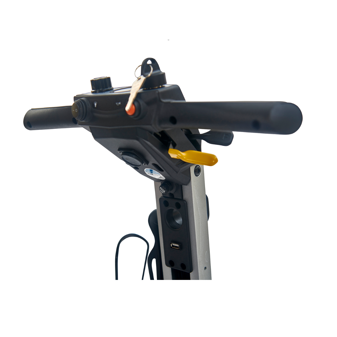 Golden Tech Buzzaround Carry-On Folding Travel Scooter with Travel Battery - steering