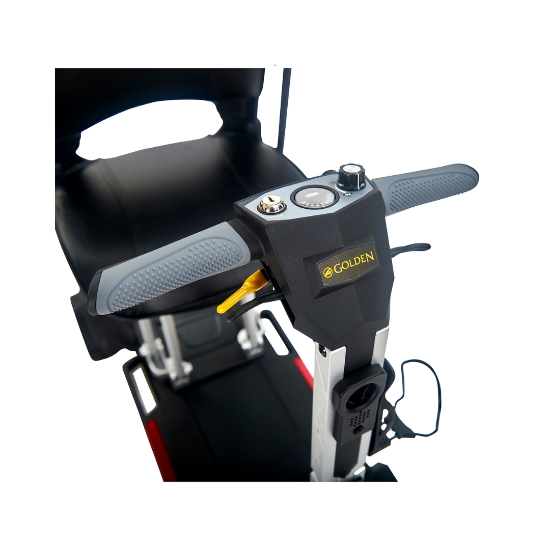 Golden Tech Buzzaround Carry-On Folding Travel Scooter with Travel Battery - steering front
