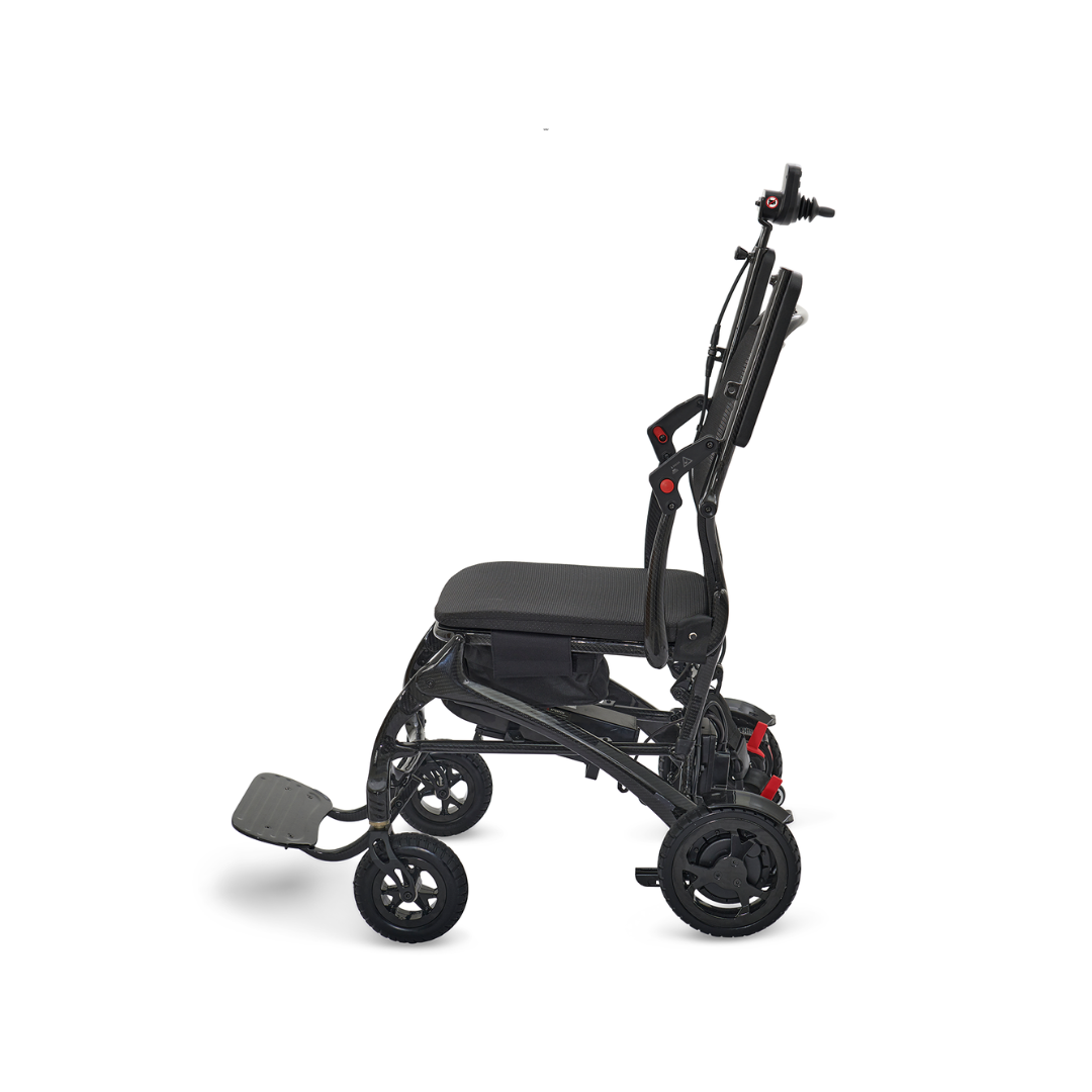 Golden Tech Cricket Carbon Fiber Foldable Travel Power Wheelchair - left with armrests raised
