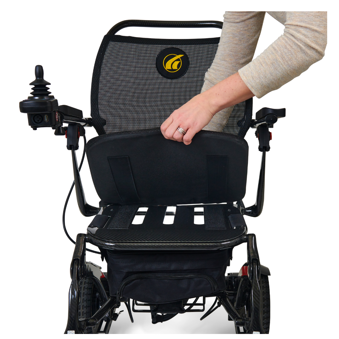 Golden Tech Cricket Carbon Fiber Foldable Travel Power Wheelchair - removable seat cushion