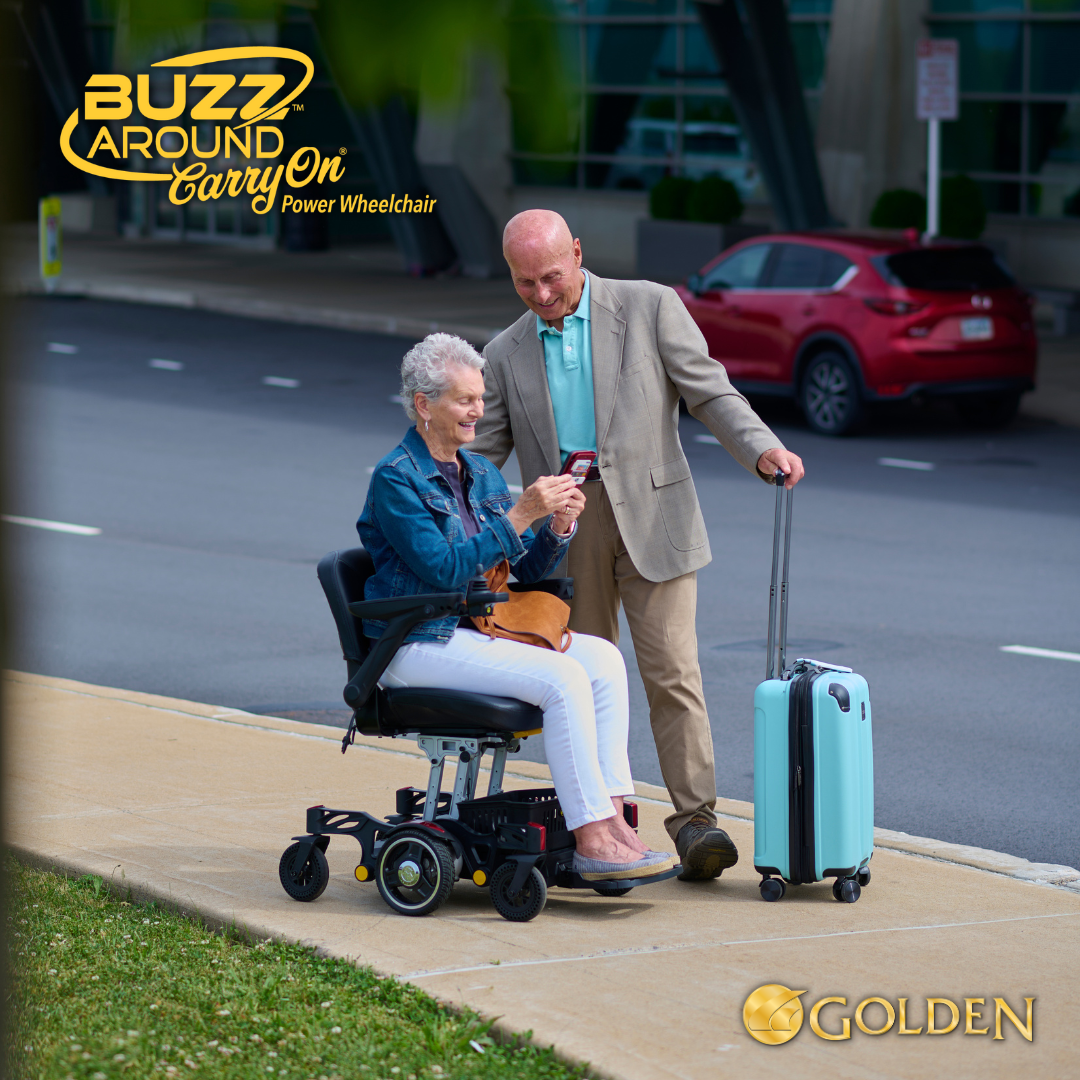 Golden Tech GP130  FAA Approved Buzzaround CarryOn Portable Power Wheelchair - user operating over sidewalk
