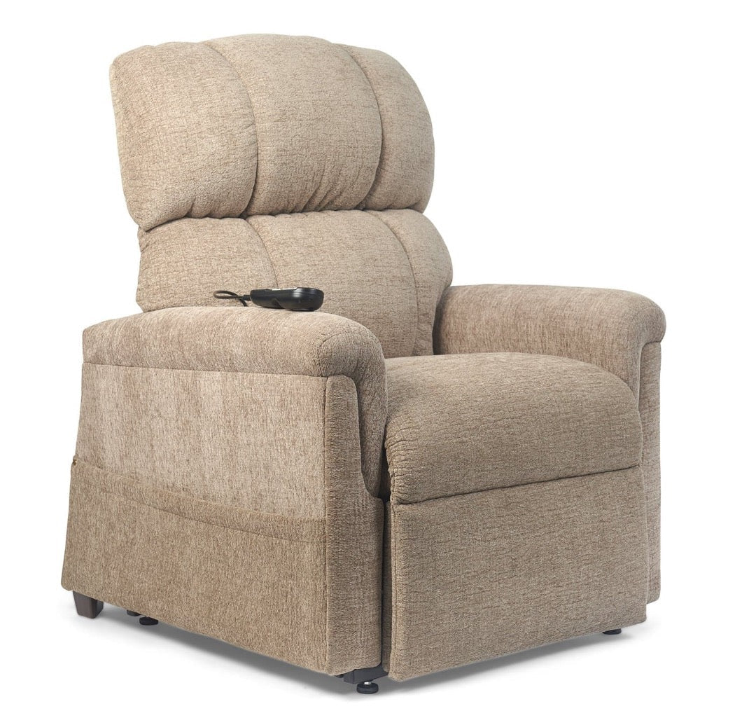 Golden Tech PR531 Comforter Power Lift Recliners - Small & Medium - Sandstorm in seated position facing front right
