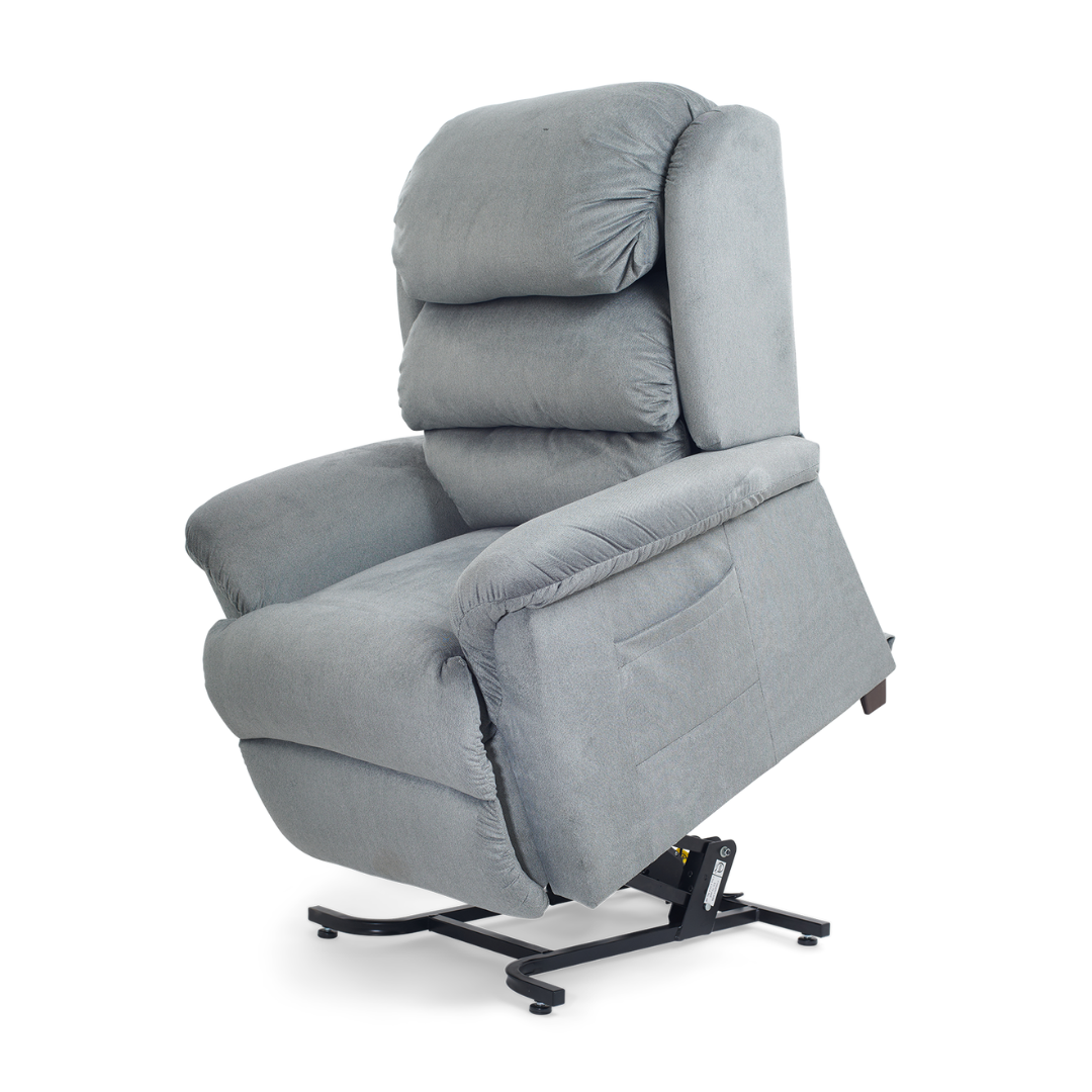 Golden Tech PR766 Relaxer MaxiComfort® Ultimate Recliner with Assisted Lift - Medium - Sterling in lifted position facing left
