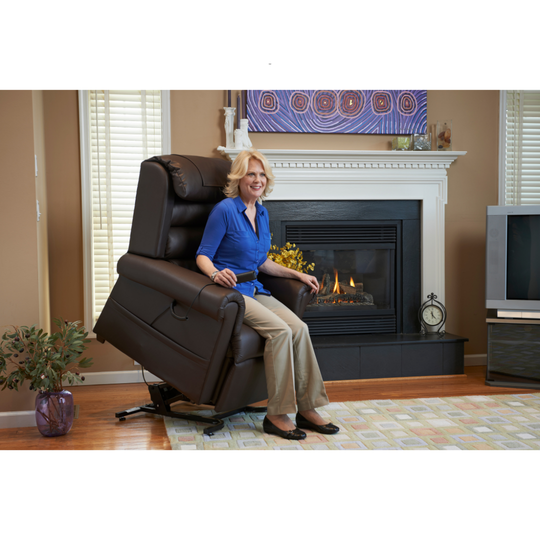 Golden Tech PR766 Relaxer MaxiComfort® Ultimate Recliner with Assisted Lift - Medium - in lifted state with user
