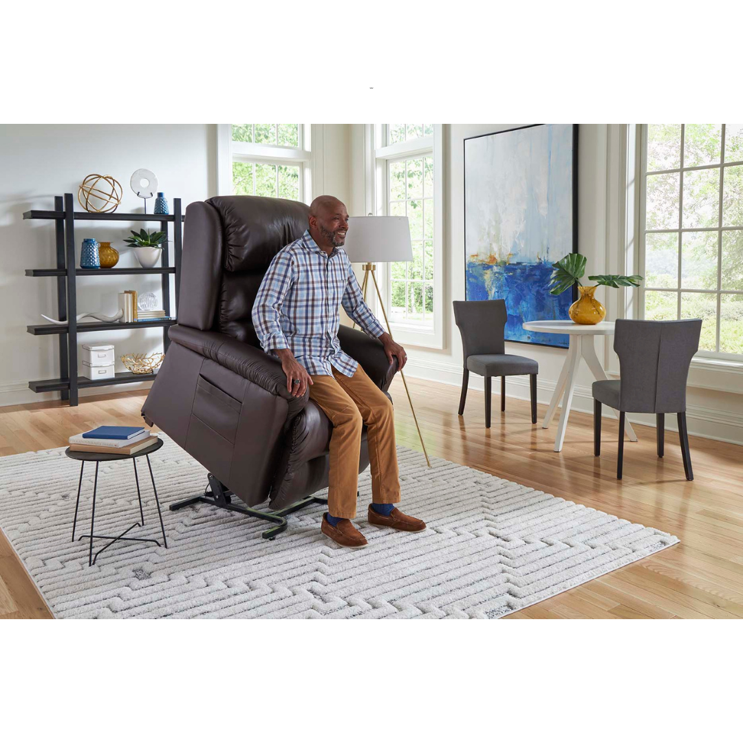 Golden Tech PR766 Relaxer MaxiComfort® Ultimate Recliner with Assisted Lift - Medium - in lifted state with user