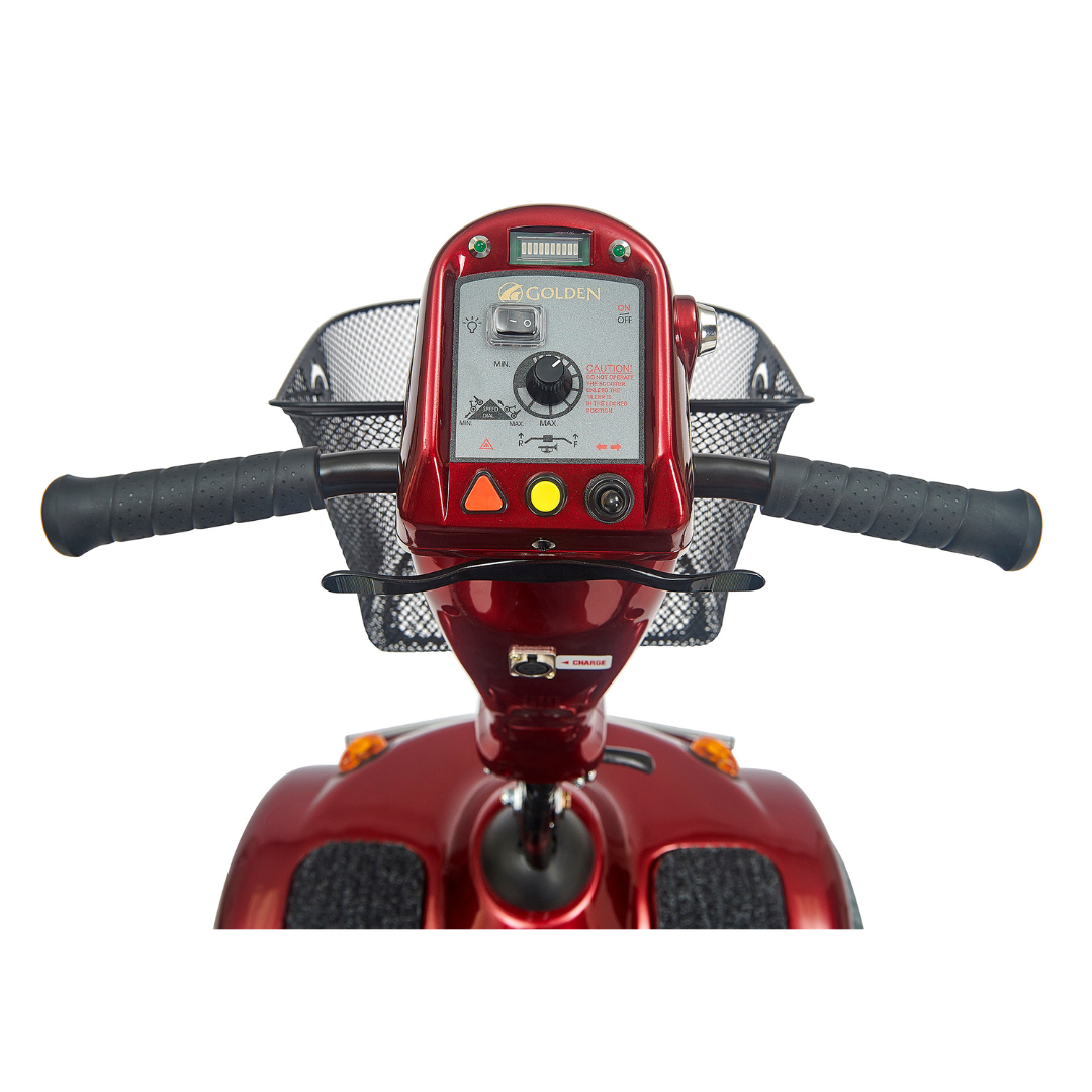Golden Technologies Avenger Heavy Duty Bariatric 4-Wheel Scooter - Red model steering panel and carrying basket