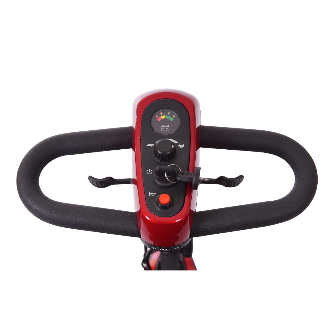 Golden Technologies Buzzaround XL 4-Wheel Long Range Mobility Scooter - Red steering