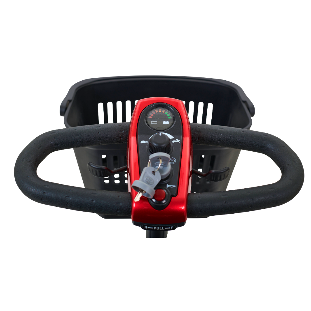 Golden Technologies LiteRider Lightweight 3 Wheel Travel Scooters - steering panel and carrying basket