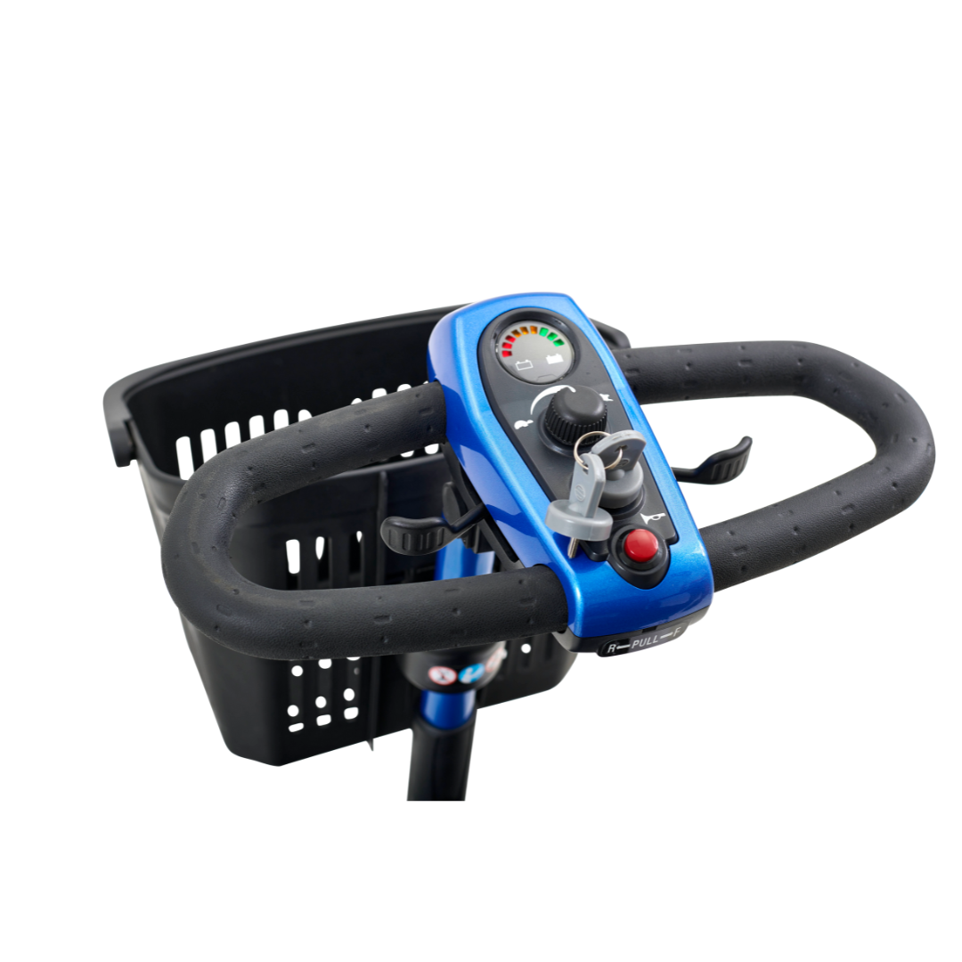 Golden Technologies LiteRider – Lightweight 4 Wheels Travel Scooter - Coastal Blue steering and carrying basket