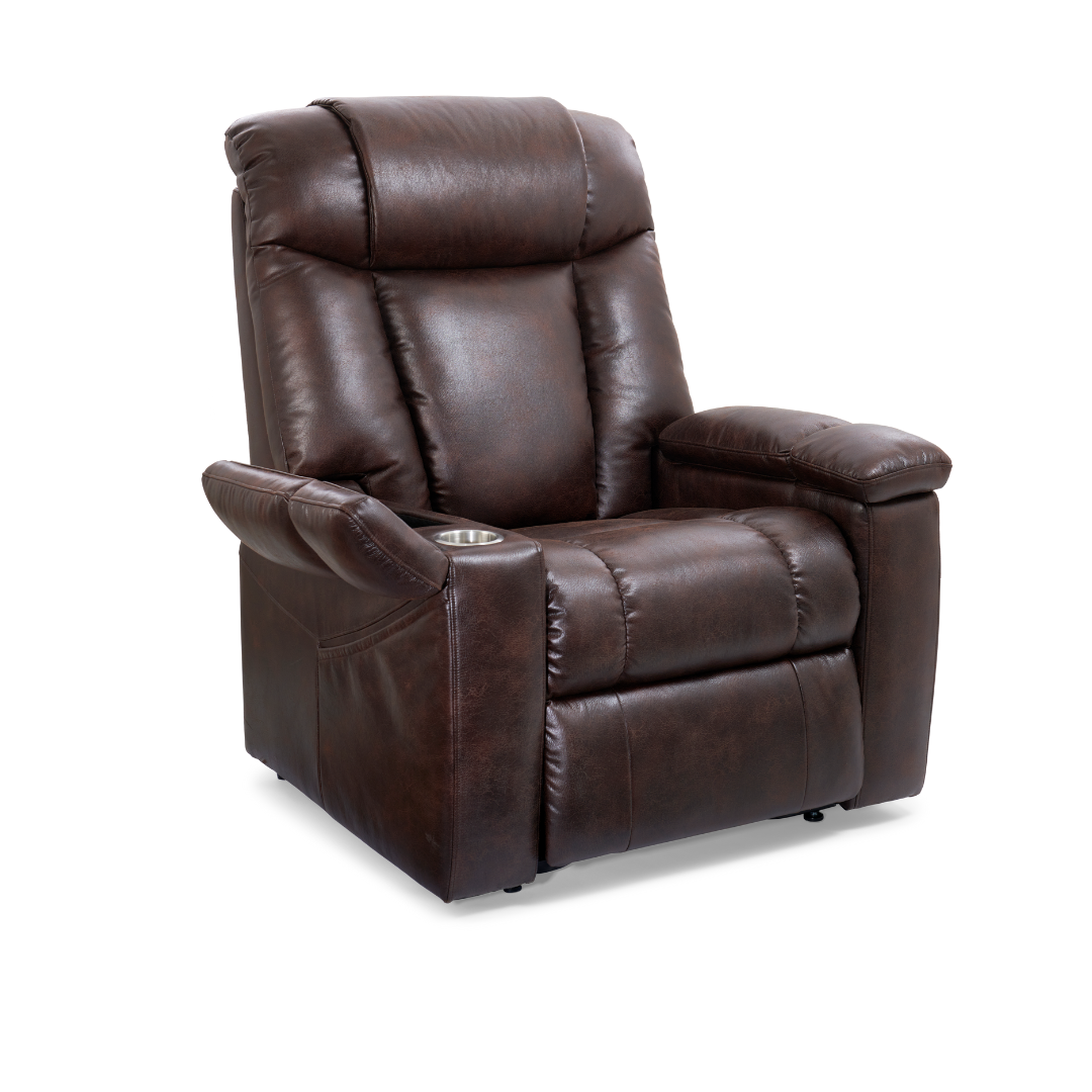 Golden Technologies PR442 Rhea Assisted Lift Chair with Heat Wave Technology - Maple in seated position and arm rest open