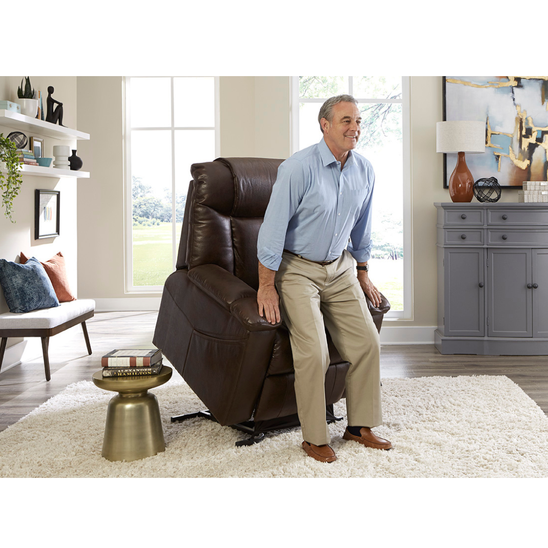 Golden Technologies PR442 Rhea Assisted Lift Chair with Heat Wave Technology - in lifted position with user in front