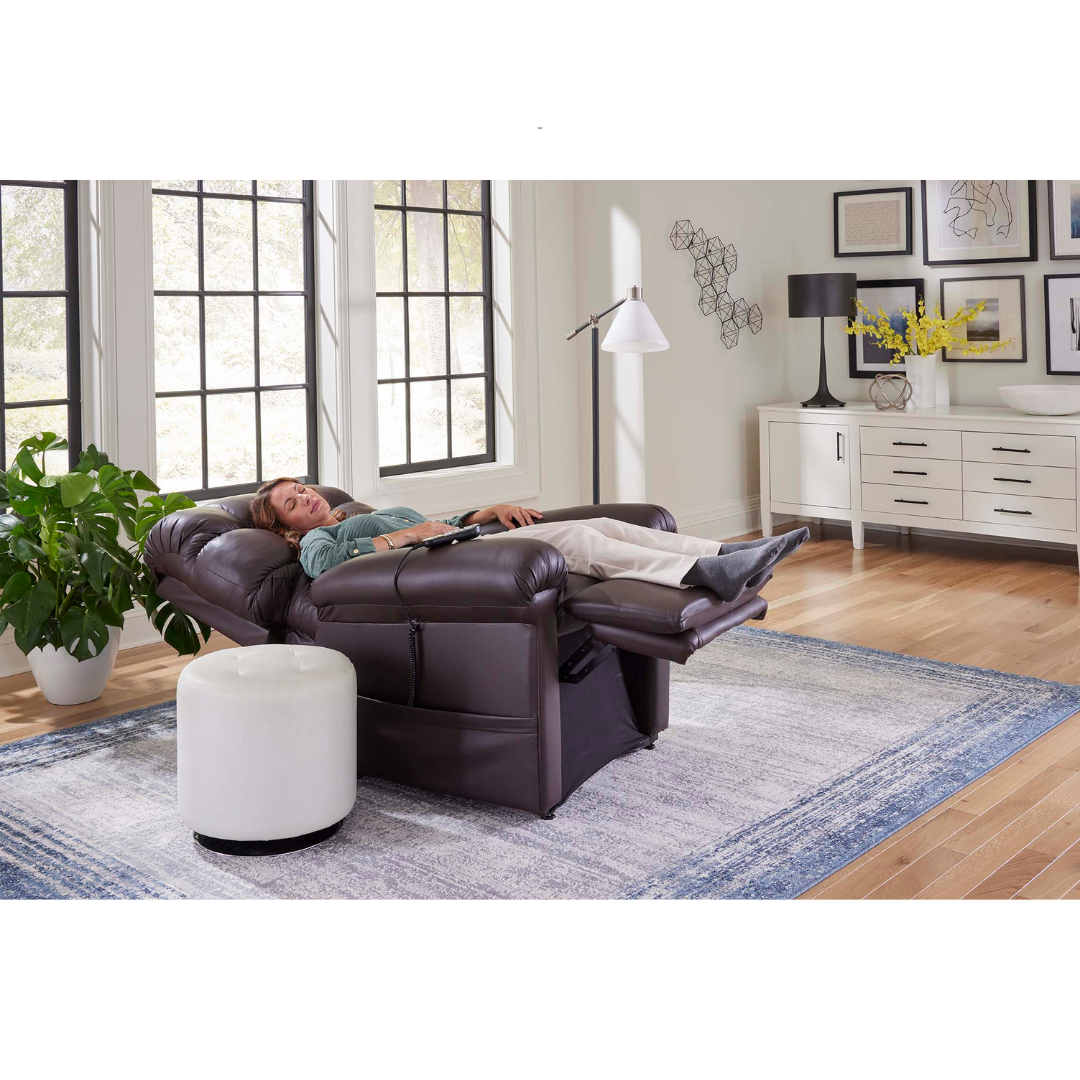 Golden Technologies PR510 MaxiComfort Cloud Series Extra Wide Assisted Lift Chair Recliner - with user in recline