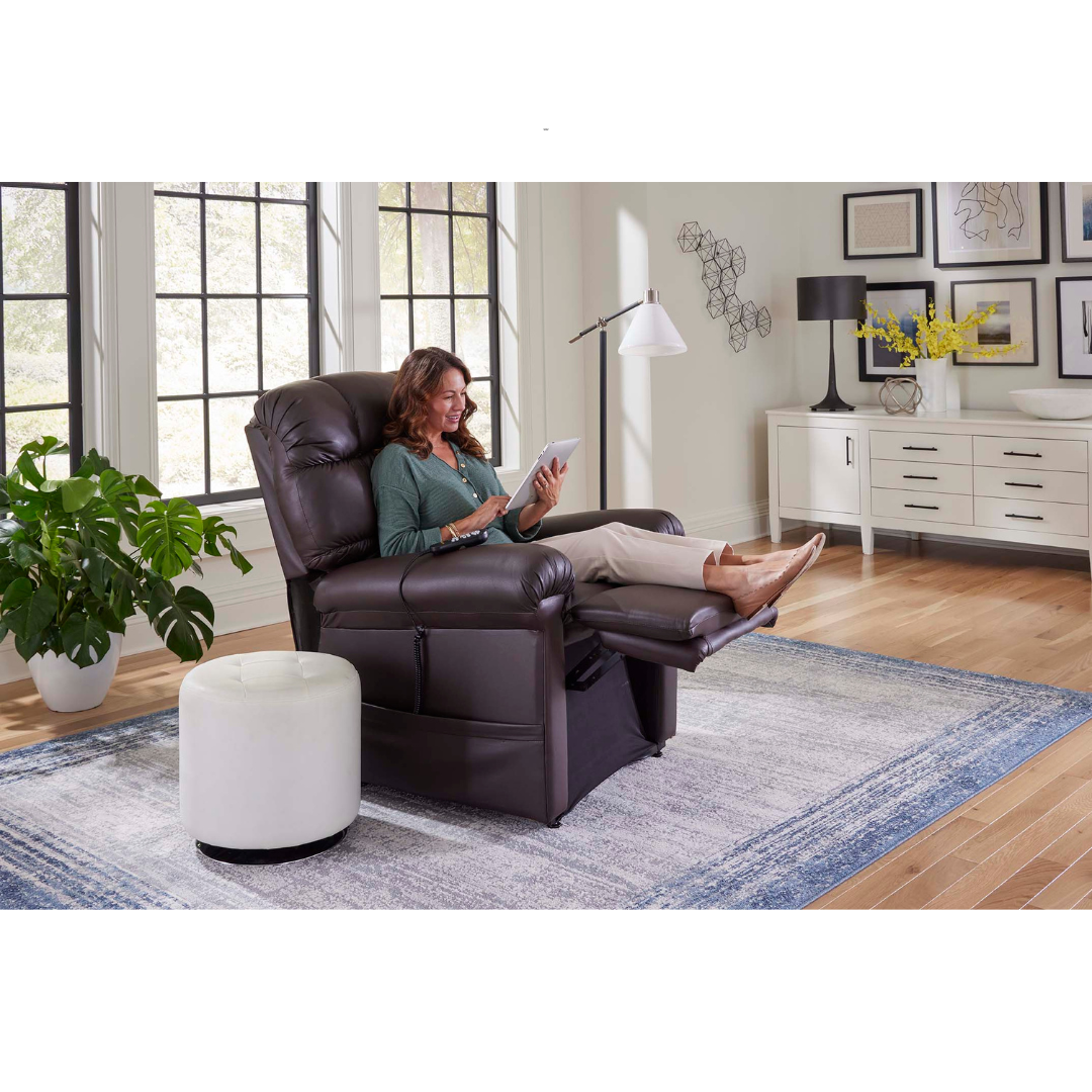Golden Technologies PR510 MaxiComfort Cloud Series Extra Wide Assisted Lift Chair Recliner - with user in raised leg rest