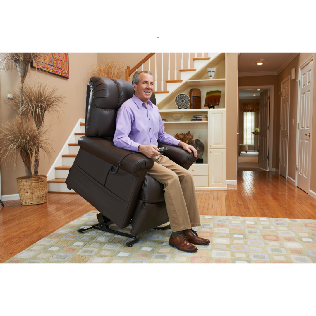 Golden Technologies PR510 MaxiComfort Cloud Series Extra Wide Assisted Lift Chair Recliner - with user in raised state