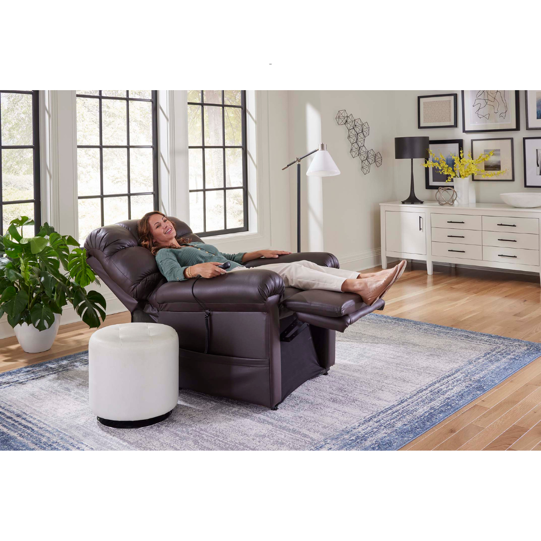 Golden Technologies PR510 MaxiComfort Cloud Series Extra Wide Assisted Lift Chair Recliner - with user in reclined position