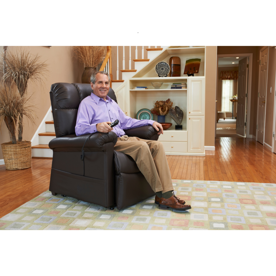 Golden Technologies PR510 MaxiComfort Cloud Series Extra Wide Assisted Lift Chair Recliner - with user in seated state